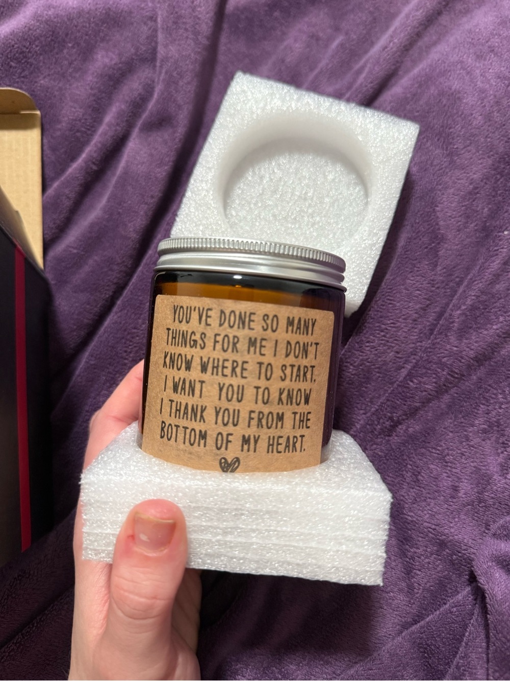 Handcrafted lavender Scented Candle in Brown Amber Jar - Thank You Label